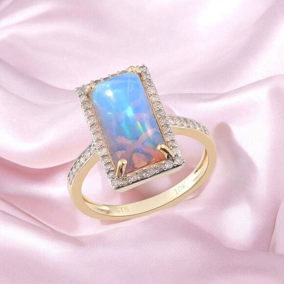 10k Gold Natural Opal Ring -Size 9- 2.80cttw Blue Opal & Halo Diamond Ring -4.3g - Picture 14 of 16